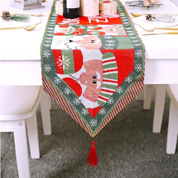 Jacquard Christmas Table Runner with Tassel - Santa Claus