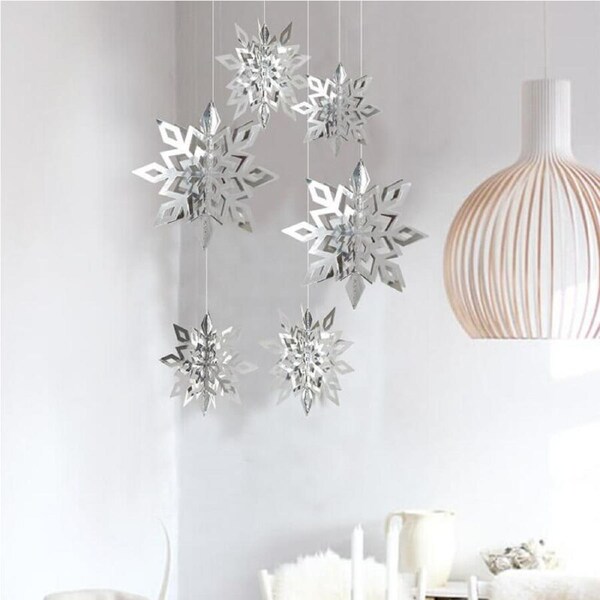 3D Silver Snowflake Paper Hanging Ornaments 6pk