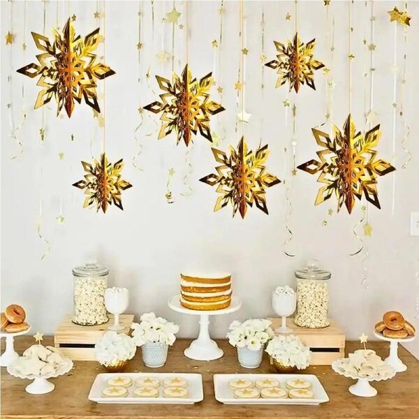 3D Gold Snowflake Paper Hanging Ornaments 6pk