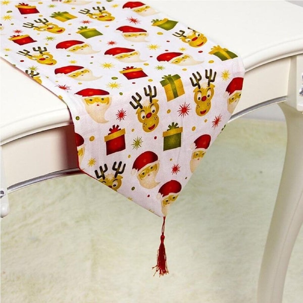 Christmas Table Runner with Tassel - Santa & Reindeer