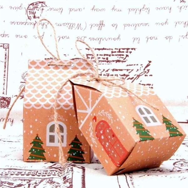 Kraft Paper Christmas House Treat Boxes 5pk