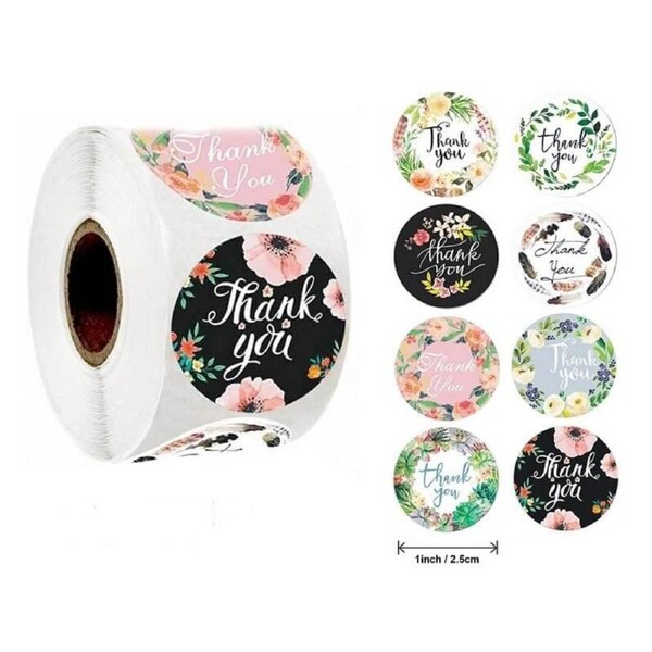 2.5cm Round Floral Wreath Thank You Stickers 6 Designs 50pk