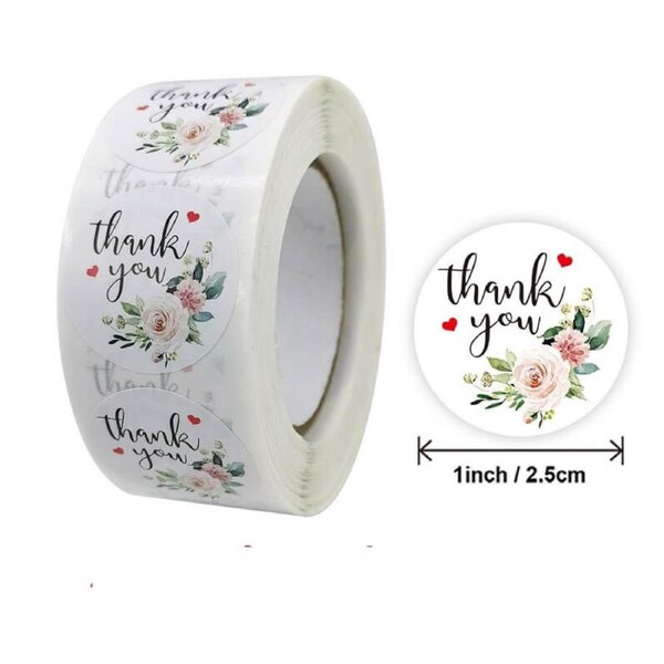 2.5cm Round Peony Wreath Thank You Stickers 50pk