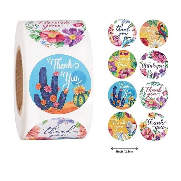 2.5cm Round Tropical Thank You Stickers 8 Design 50pk