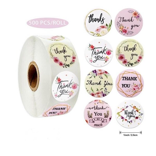 2.5cm Round Floral Thank You Stickers 8 Designs 50pk