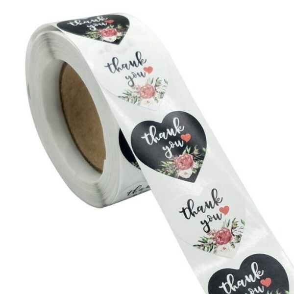 2.5cm Heart Peony Bouquet Thank You Stickers 50pk