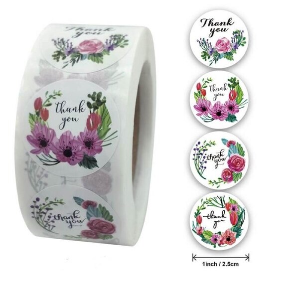 2.5cm Round Floral Thank You Stickers 4 Designs 50pk