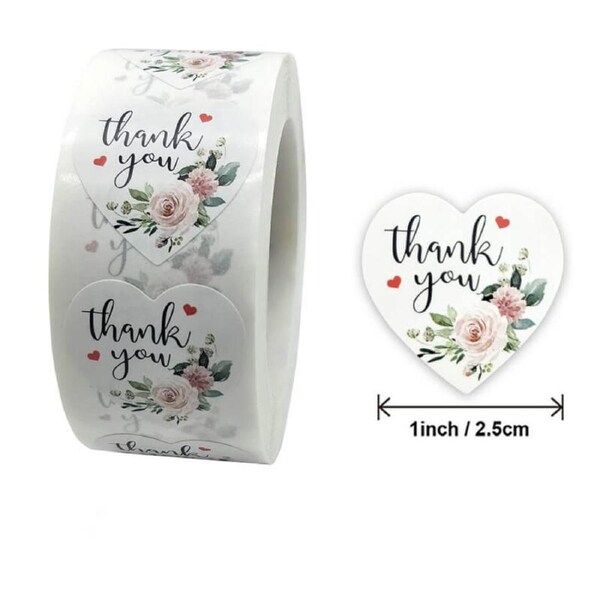 2.5cm Heart Peony Wreath Thank You Stickers 50pk