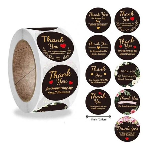 2.5cm Round Black Thank You For Supporting My Small Business Stickers 50pk