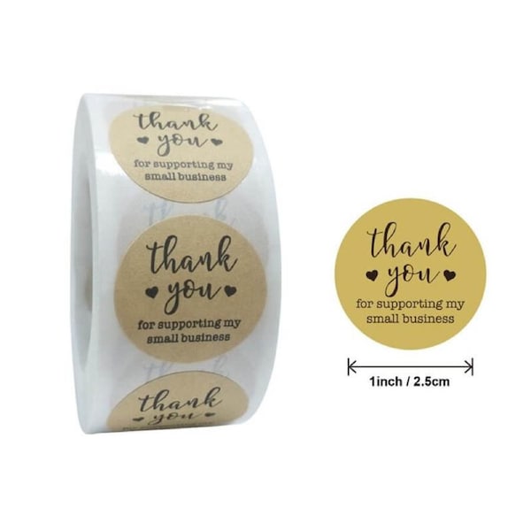 2.5cm Round Kraft Thank You For Supporting My Small Business with Hearts Stickers 50pk