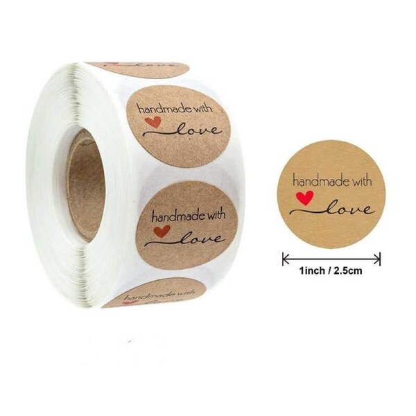 2.5cm Kraft Paper Handmade With Love Red Heart Stickers 50pk