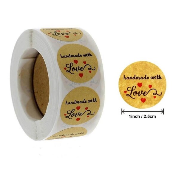 2.5cm Kraft Paper Handmade With Love Red Hearts Stickers 50pk