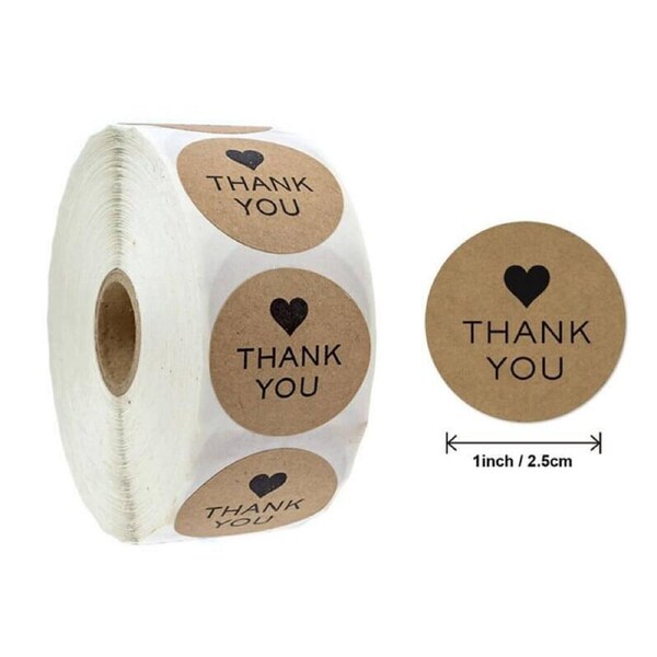 2.5cm Round Kraft Paper Thank You Black Heart Stickers 50pk