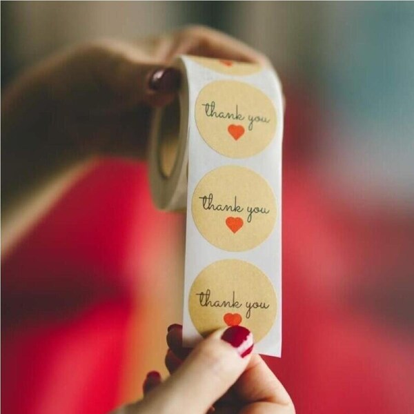 Kraft Paper Thank You Red Heart Stickers 50pk