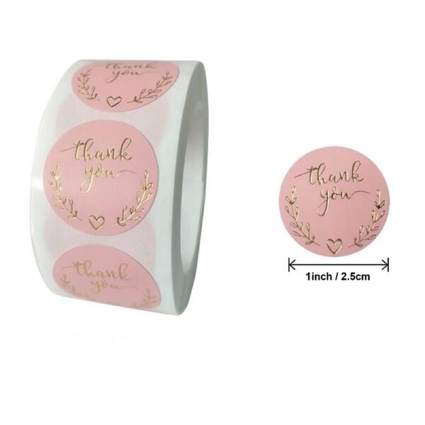 2.5cm Round Baby Pink Wheat Wreath Thank You Gold Print Stickers 50pk