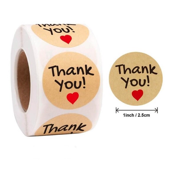 2.5cm Round Kraft Thank You Red Heart Stickers 50pk