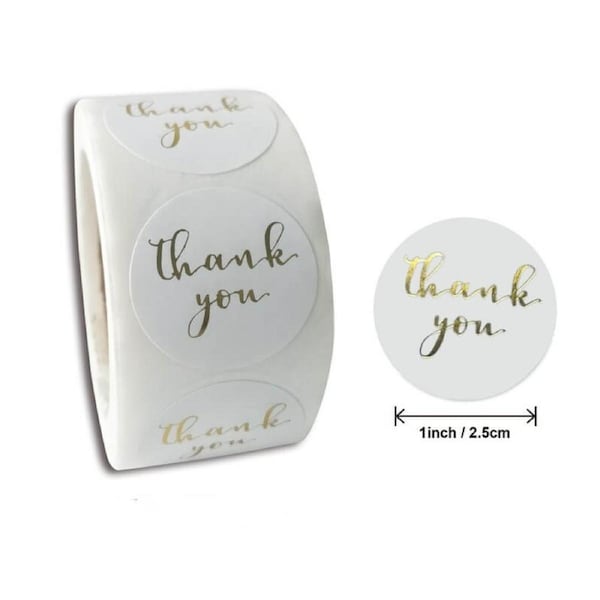 2.5cm Round White Thank You Gold Print Stickers 50pk