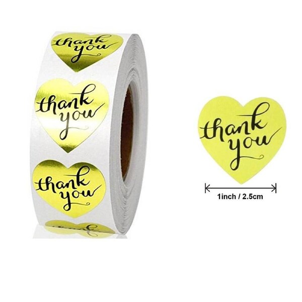 2.5cm Heart Thank You Gold Stickers 50pk