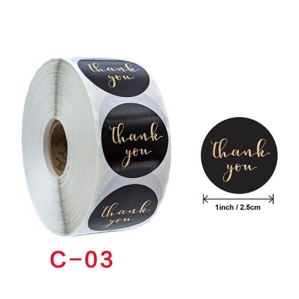 2.5cm Round Black Thank You Gold Print Stickers 50pk