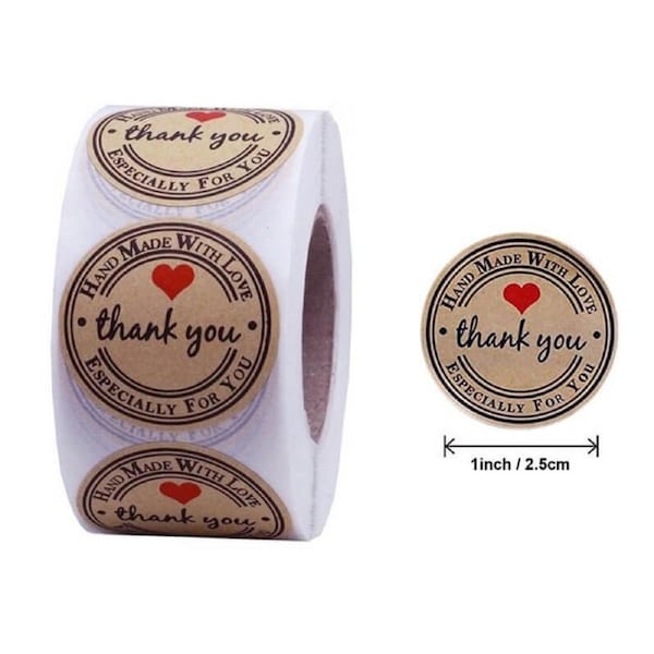 2.5cm Round Kraft Handmade With Love Thank You Especially For You Stickers 50pk