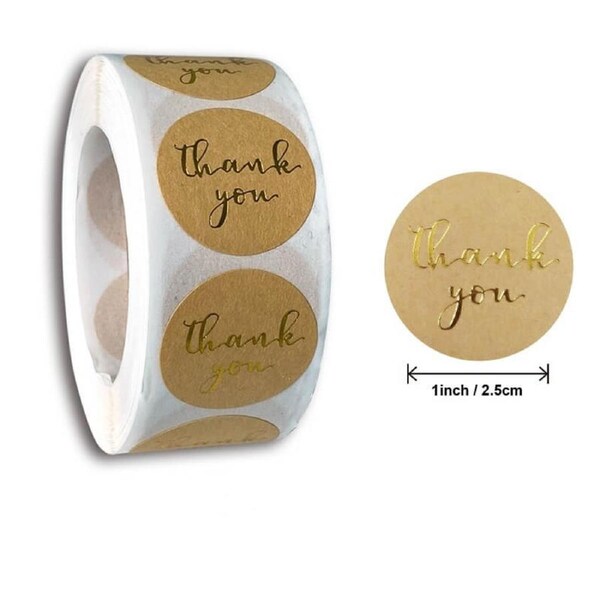 2.5cm Round Kraft Thank You Gold Print Stickers 50pk
