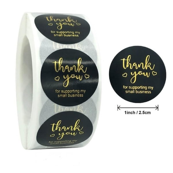 2.5cm Round Black Thank You For Supporting My Small Business Stickers 50pk
