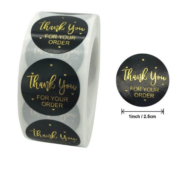 2.5cm Round Black Thank You For Your Order Gold Print Stickers 50pk