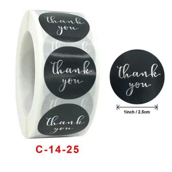 2.5cm Round Black Thank You Silver Print Stickers 50pk