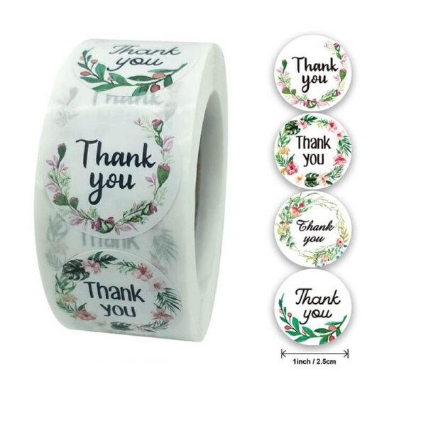 2.5cm Round White Thank You Sticker 4 Design 50pk