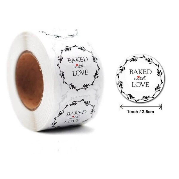 2.5cm Round Wheat Wreath Baked With Love Stickers 50pk