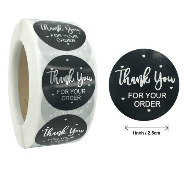 2.5cm Round Black Thank You For Your Order Silver Print Stickers 50pk