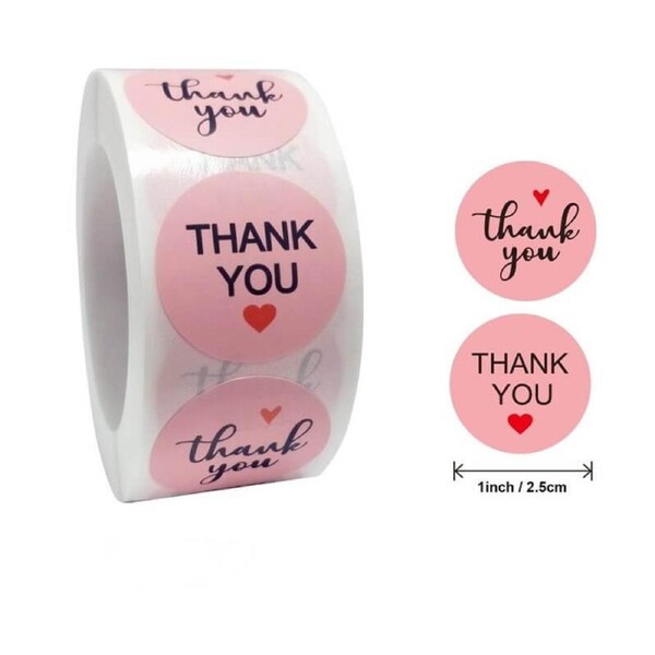 2.5cm Round Baby Pink Thank You Red Heart Stickers 50pk