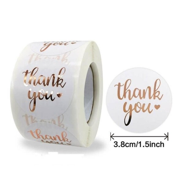 3.8cm Round White Thank You Rose Gold Print Stickers 50pk