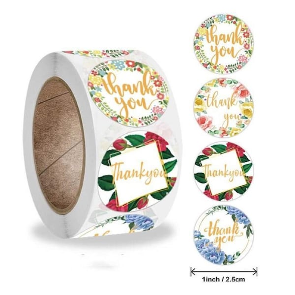 2.5cm Round Floral Wreath Thank You Stickers 50pk