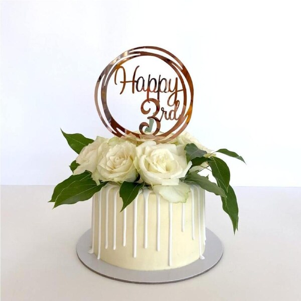 Acrylic Rose Gold 'Happy 3rd' Birthday Cake Topper