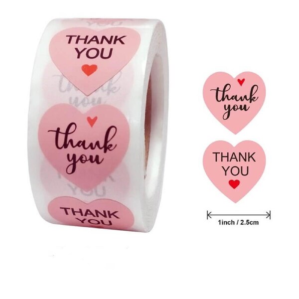 2.5cm Thank You Pink Heart Stickers 50pk