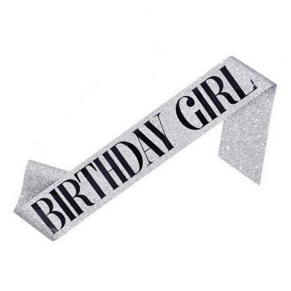 Deluxe Glitter Silver BIRTHDAY GIRL Sash - Black Print