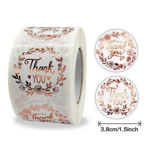 3.8cm White Thank You Floral Wreath Rose Gold Print Stickers 50pk