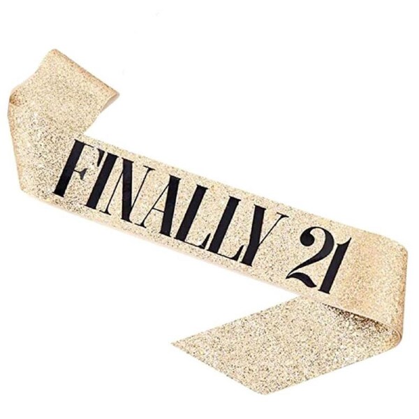 Deluxe Glitter Champagne Gold FINALLY 21 Sash - Black Foil