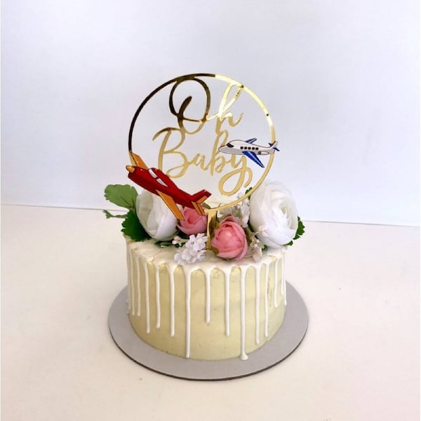 Gold Mirror Acrylic Oh Baby Airplane Loop Cake Topper