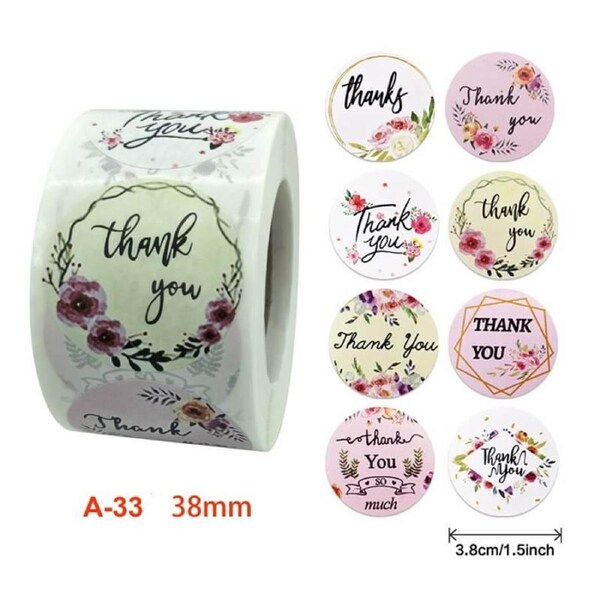 3.8cm Round Floral Thank You Stickers - 8 Designs 50pk