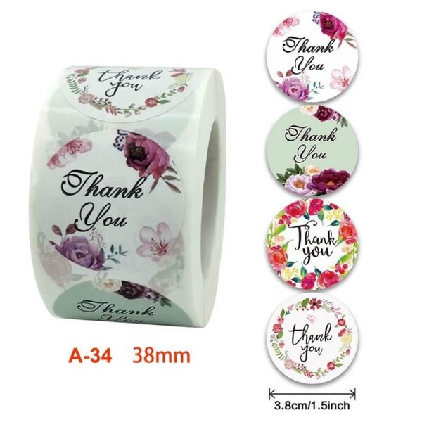 3.8cm Colourful Floral Wreath Thank You Stickers 50pk
