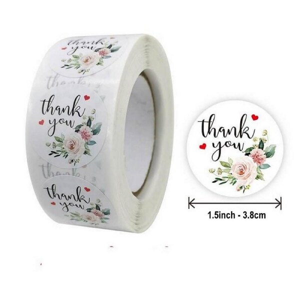 3.8cm Round Peony Wreath Thank You Stickers 50pk