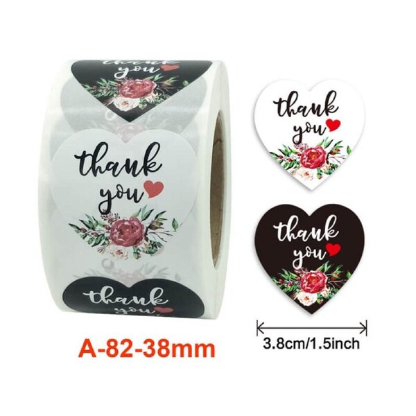 3.8cm Heart Peony Bouquet Thank You Stickers 50pk