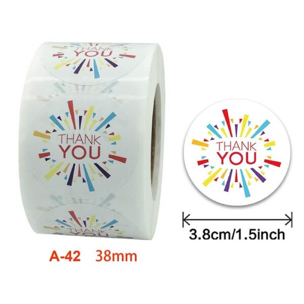 3.8cm Round Colourful Thank You Sticker 50pk