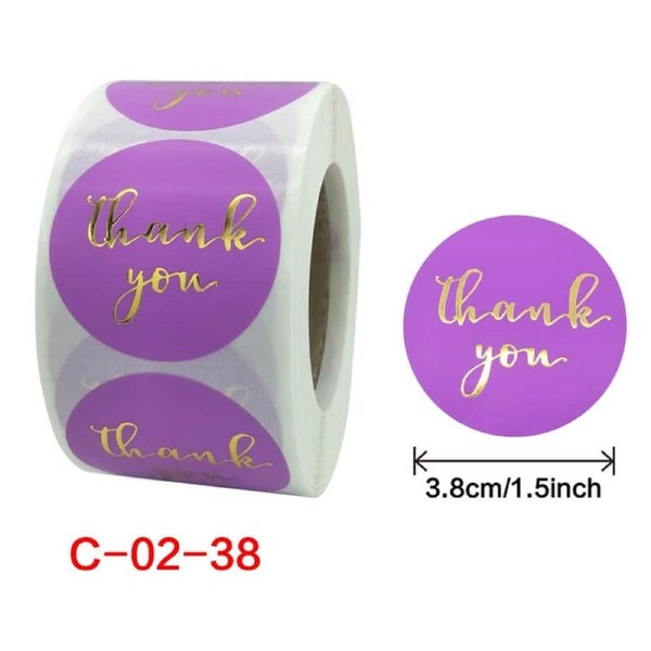 3.8cm Round Purple Thank You Gold Print Stickers 50pk
