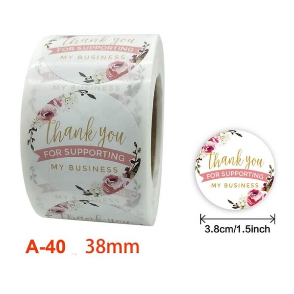 3.8cm Round Pink Peony Wreath Thank You Stickers 50pk
