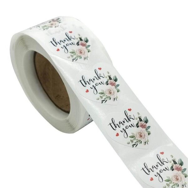 3.8cm Heart Peony Wreath Thank You Stickers 50pk