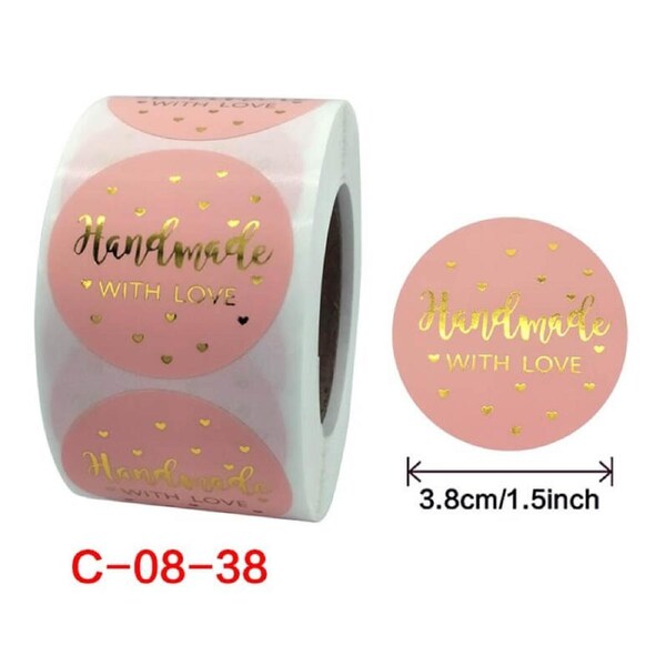 3.8cm Baby Pink Handmade With Love Gold Heart Stickers 5pk
