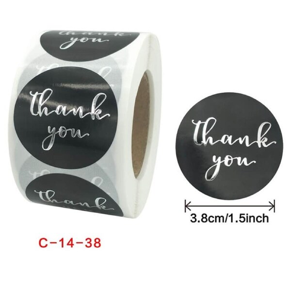 3.8cm Round Black Thank You Silver Print Stickers 50pk